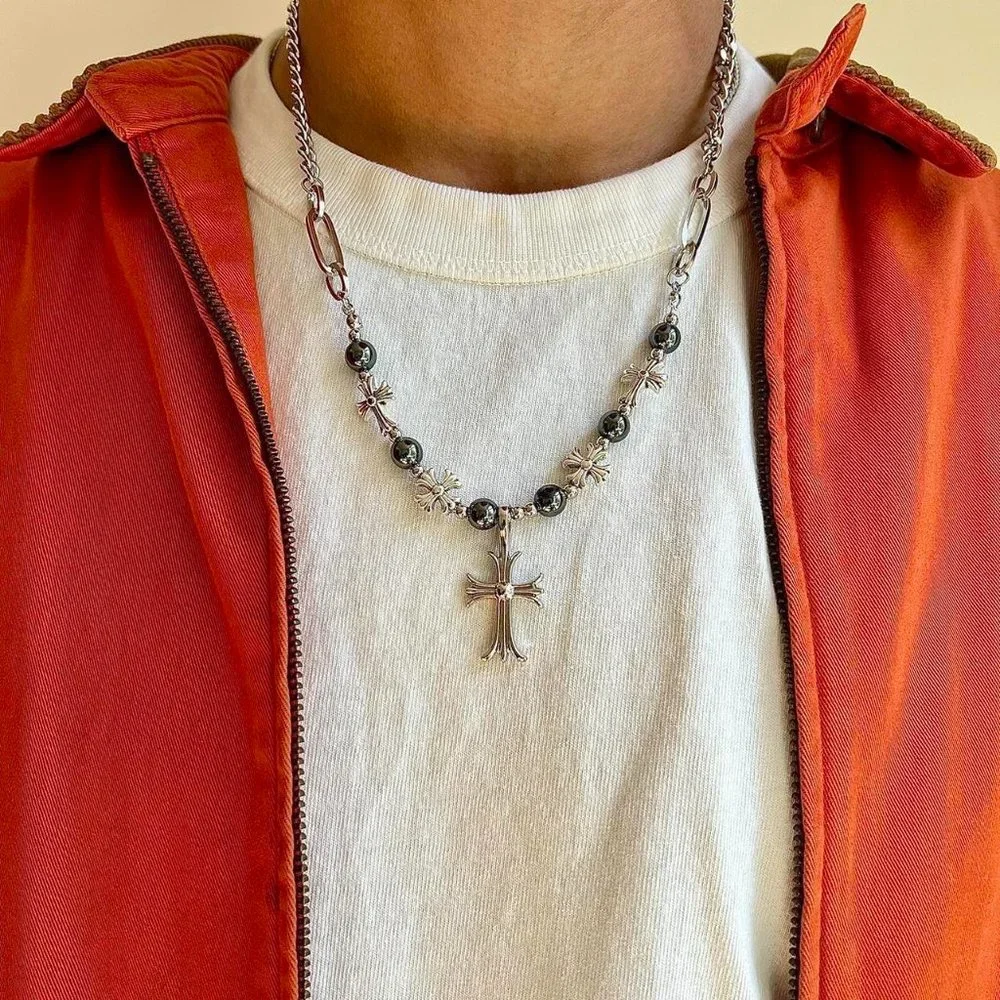 Pearl silver cross pendant necklace.  y2k grunge chrome.  Men/Women